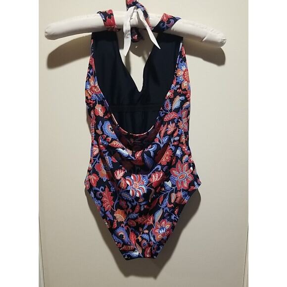 Loft Beach sz 2 Tie Neck Halter Lightly Padded Blue Red Floral 1 Piece‎ Swimsuit - Picture 3 of 12